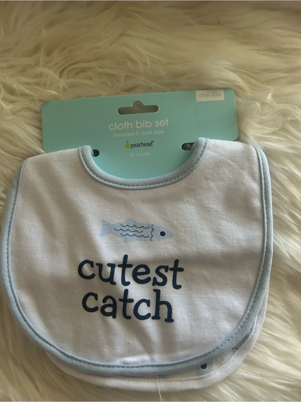 Pearhead White Bib Set with Light Blue Trim and Navy Text